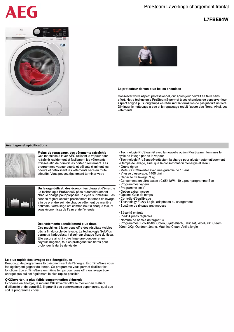 Page n°1 - Fiche technique AEG L7FBE94W