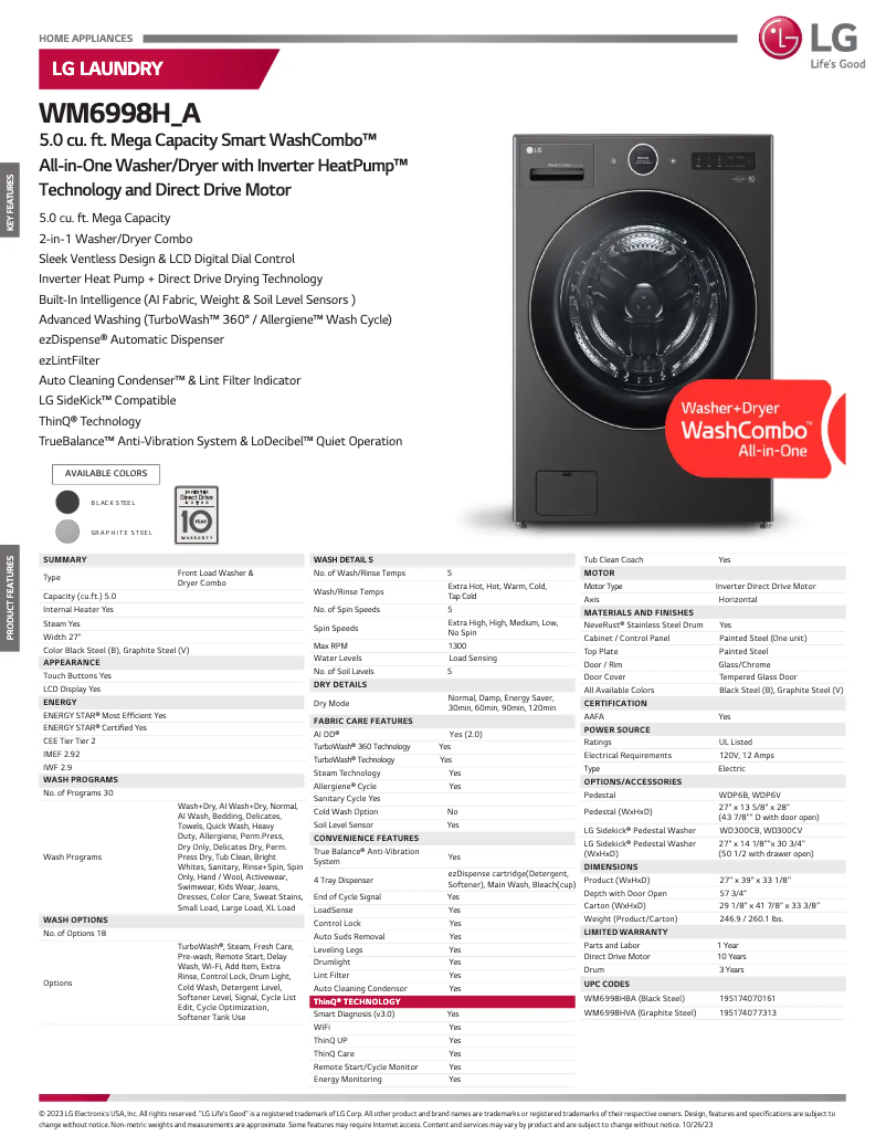 Page 1 de la notice Fiche technique LG WM6998HBA