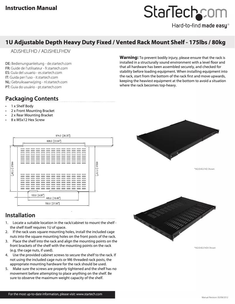 Image de la première page du manuel de l'appareil ADJSHELFHD