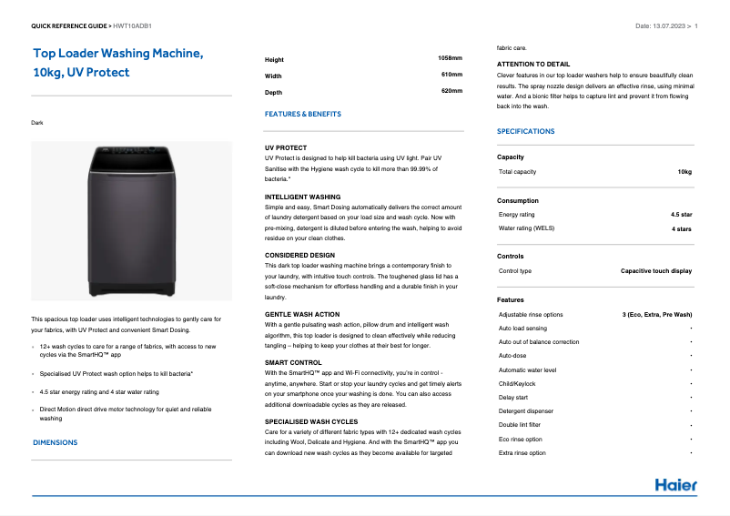 Image de la première page du manuel de l'appareil HWT10ADB1