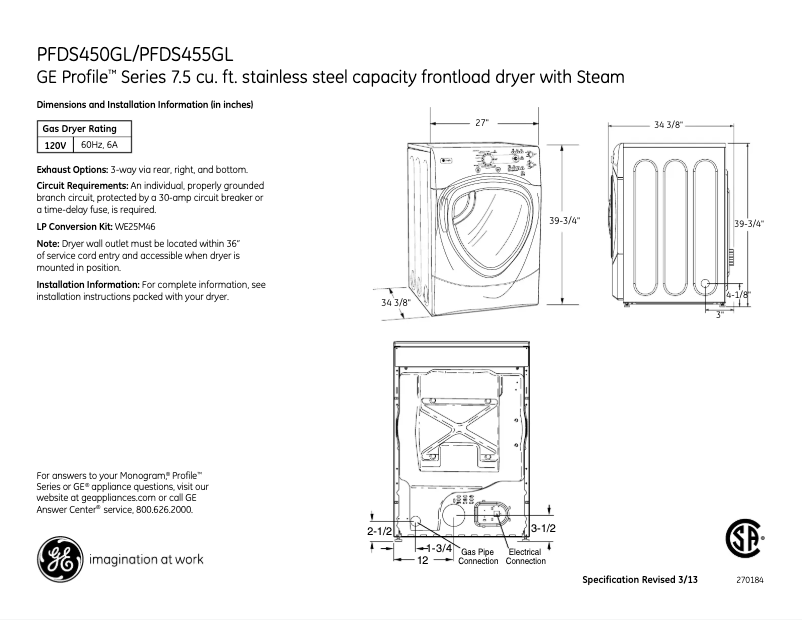 Page 1 de la notice Fiche technique GE Profile PFDS450GLWW