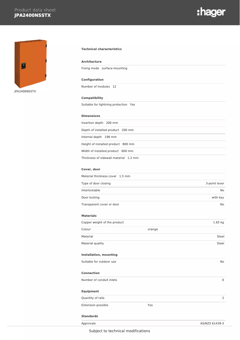 Page n°1 - Fiche technique Hager JPA2400NSSTX