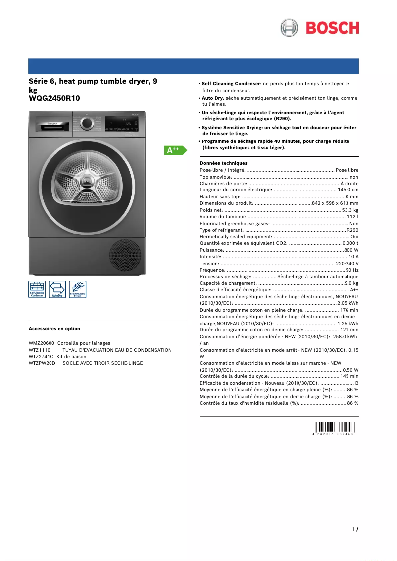 Page 1 de la notice Fiche technique Bosch WQG2450R10