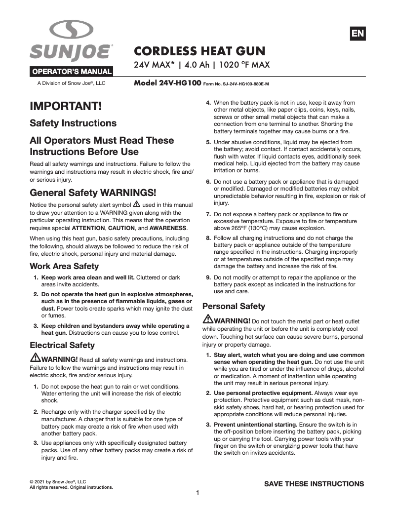 Página 1 del manual Manual de usuario Sun Joe 24V-HG100
