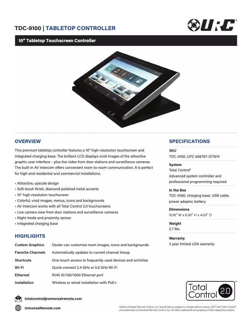 Page n°1 - Fiche technique Universal Remote Control TDC-9100