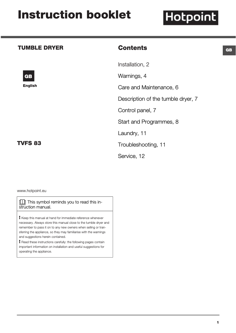 Page n°1 - Manuel utilisateur Hotpoint TVFS 83C GP.9 UK