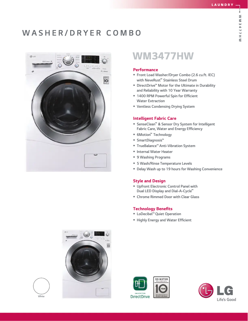 Page 1 de la notice Fiche technique LG WM3477HW
