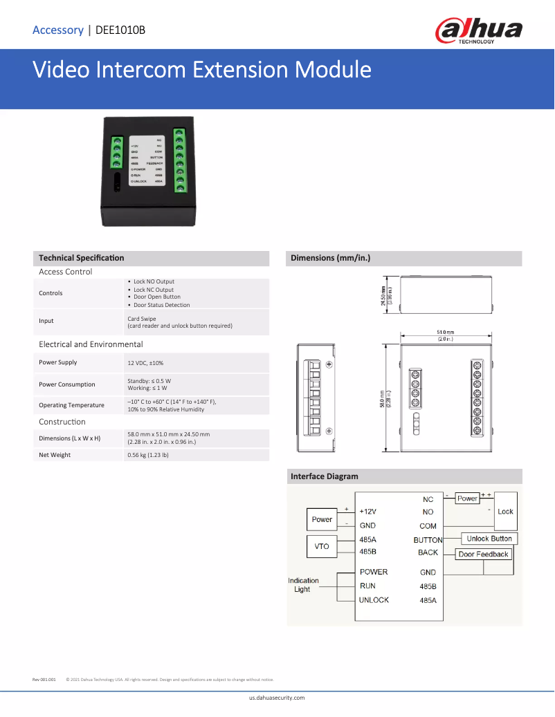 Page 1 de la notice Fiche technique Dahua Technology DEE1010B