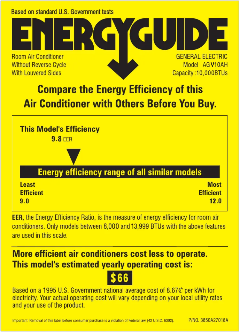 Page 1 de la notice Label énergétique GE AGV10AH