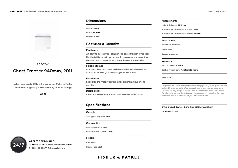 Page n°1 - Fiche technique Fisher & Paykel RC201W1