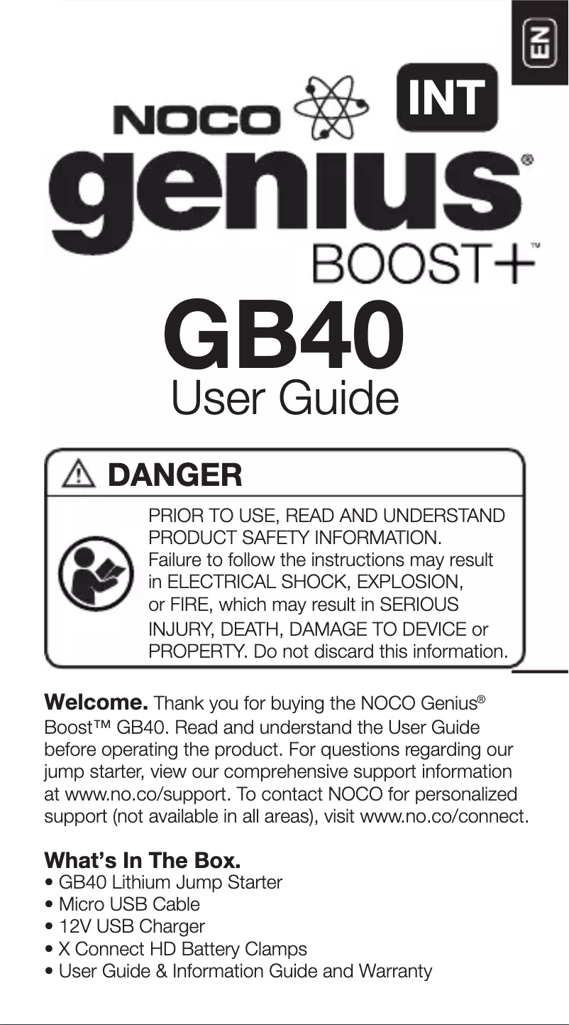 Page 1 de la notice Manuel utilisateur NOCO Genius Boost+ GB40