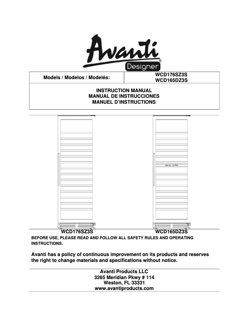 Page 1 de la notice Manuel utilisateur Avanti WCD176SZ3S