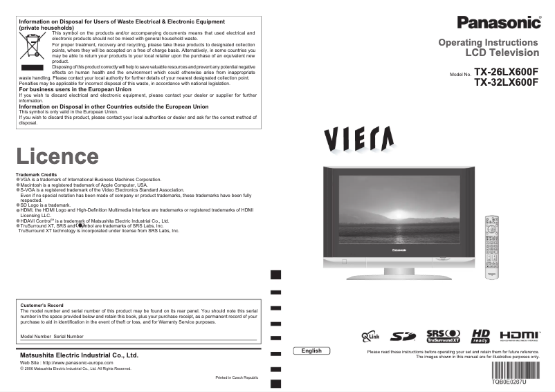 Page 1 de la notice Manuel utilisateur Panasonic Viera TX-26LX600F