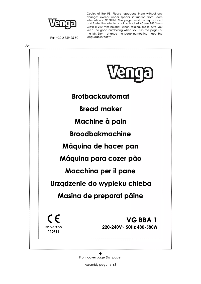 Page 1 de la notice Manuel utilisateur Venga VG BBA 1