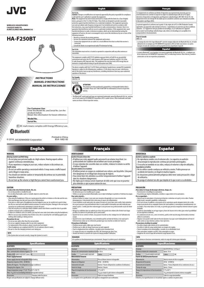Page 1 de la notice Manuel utilisateur JVC HA-F250BT