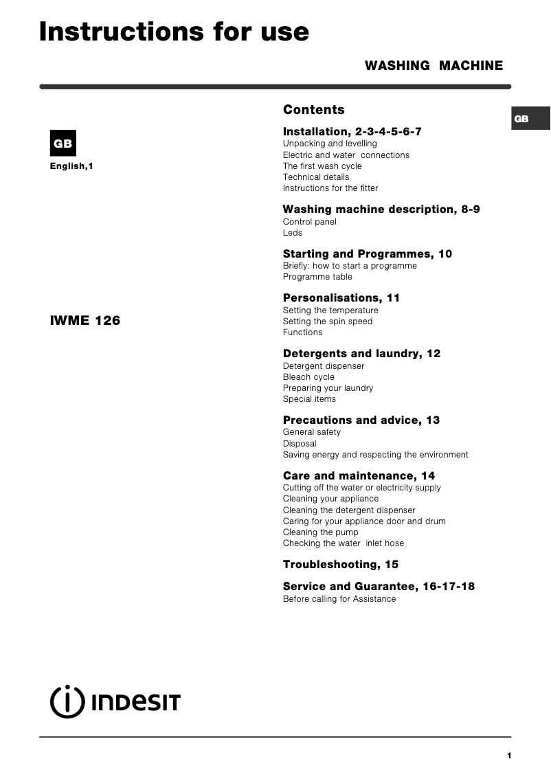 Image de la première page du manuel de l'appareil IWME 126