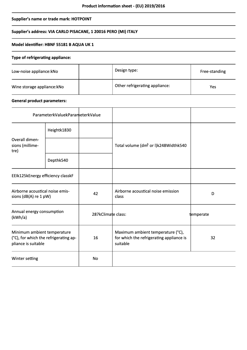 Page 1 de la notice Fiche technique Hotpoint HBNF 55181 B AQUA UK 1