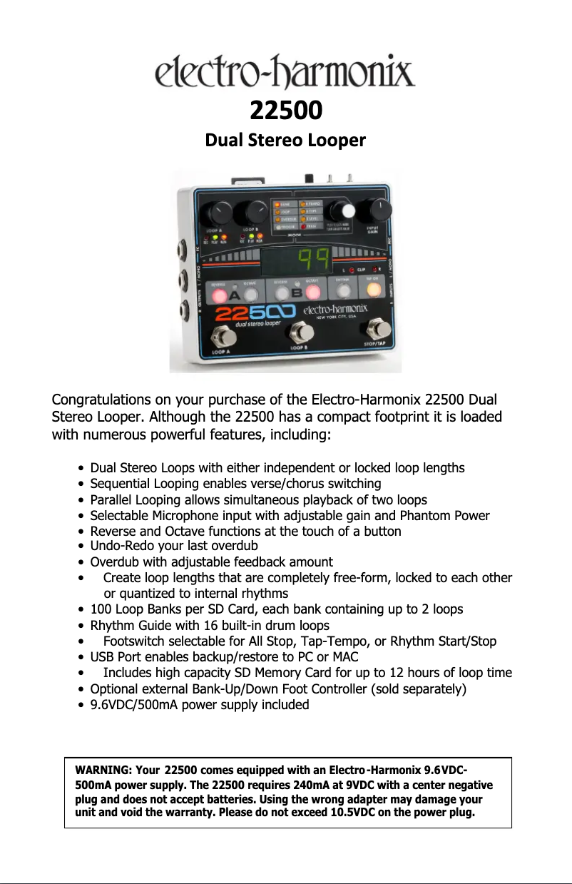 Page 1 de la notice Manuel utilisateur Electro Harmonix 22500