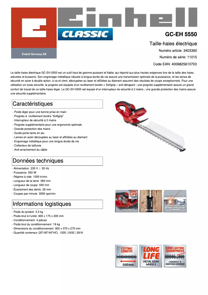 Page 1 de la notice Fiche technique Einhell GC-EH 5550