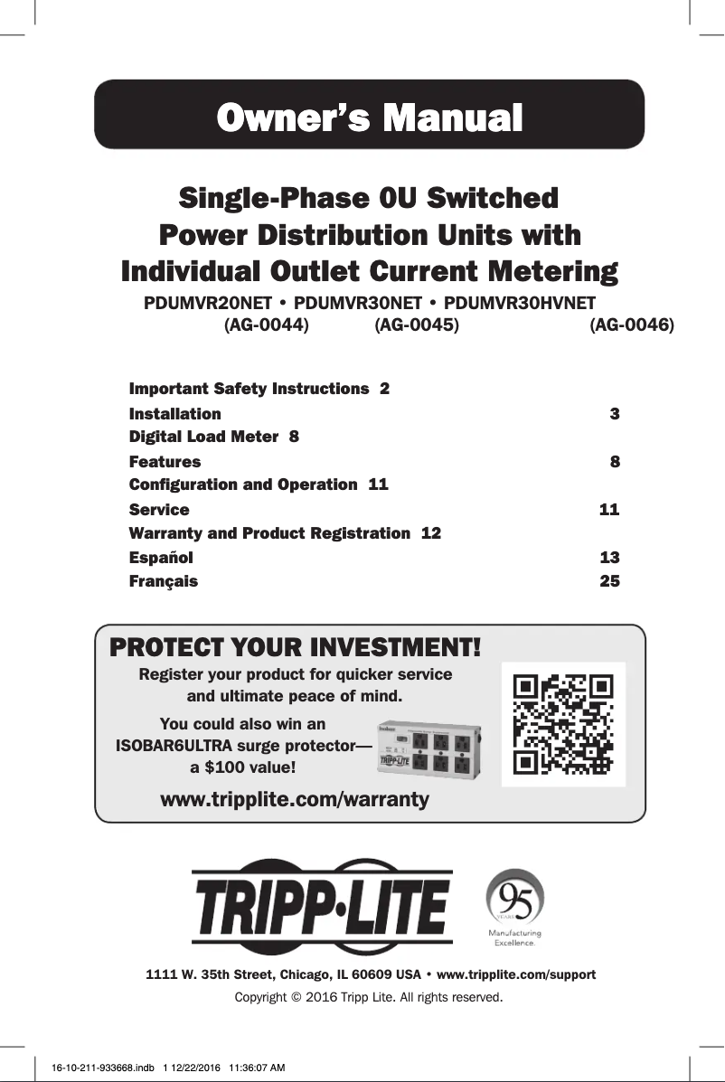 Page n°1 - Manuel utilisateur Tripp Lite PDUMVR20NET
