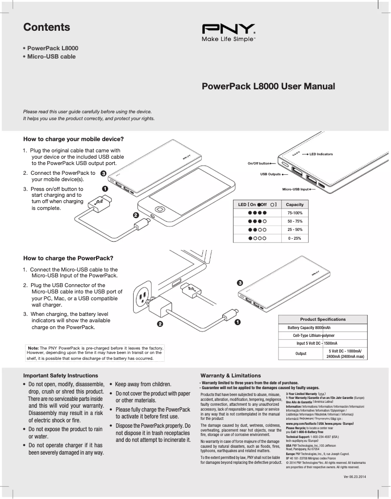 Page 1 de la notice Manuel utilisateur PNY PowerPack L8000