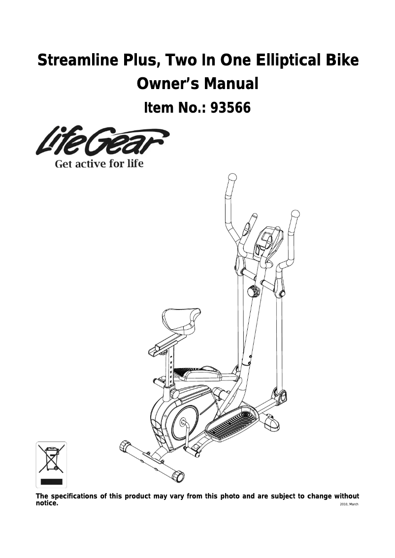 Image de la première page du manuel de l'appareil Streamline Plus Two In One Elliptical Bike 93566