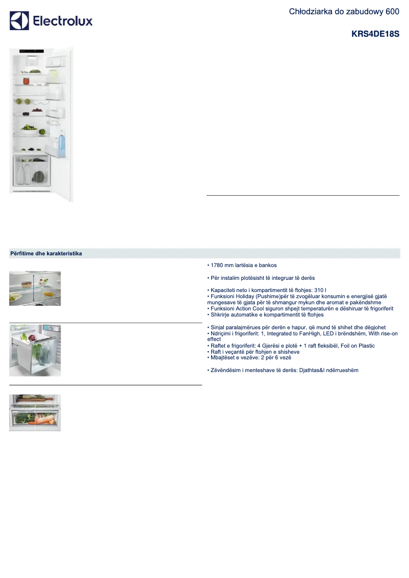 Page 1 de la notice Fiche technique Electrolux KRS4DE18S