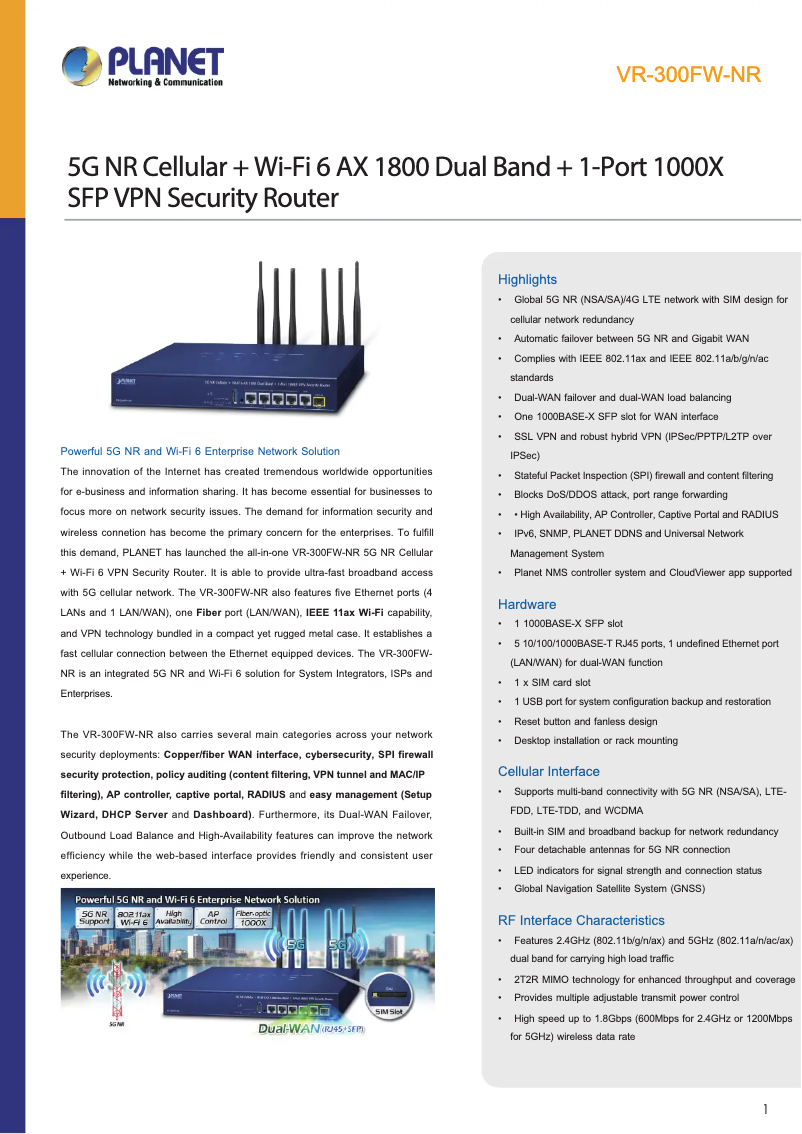 Page 1 de la notice Fiche technique Planet VR-300FW-NR