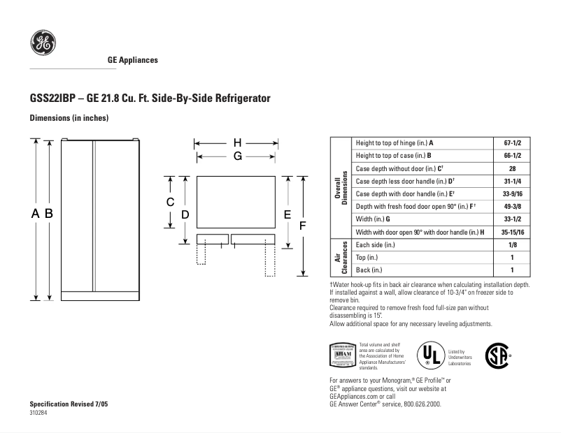 Page 1 de la notice Fiche technique GE GSS22IBPWW