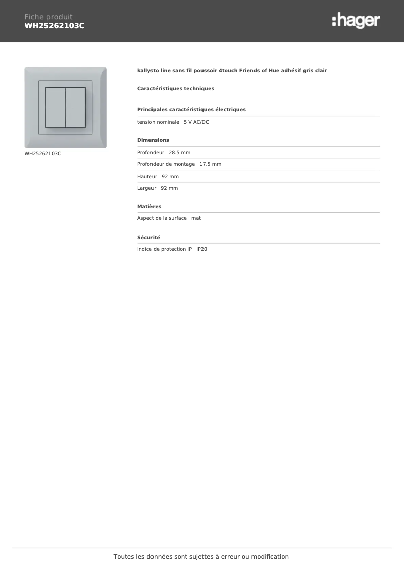 Page 1 de la notice Fiche technique Hager WH25262103C