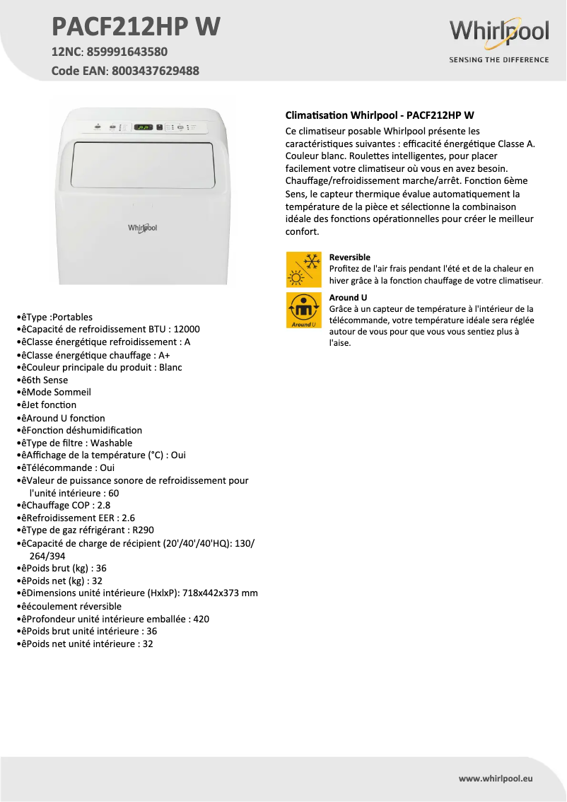 Image de la première page du manuel de l'appareil PACF212HP W