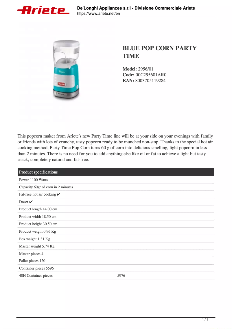 Imagen de la primera página del manual del dispositivo Pop Corn Party Time 2956