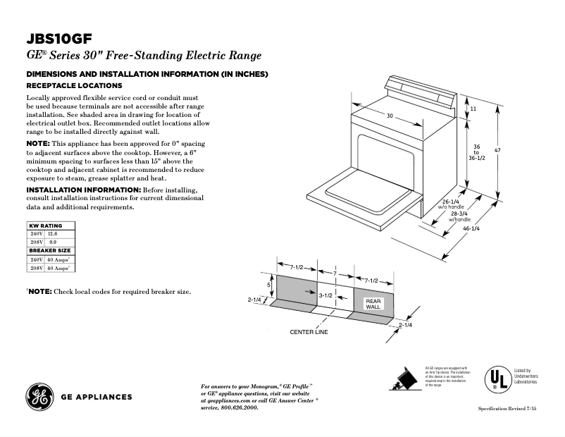 Page 1 de la notice Fiche technique GE JBS10GFSA