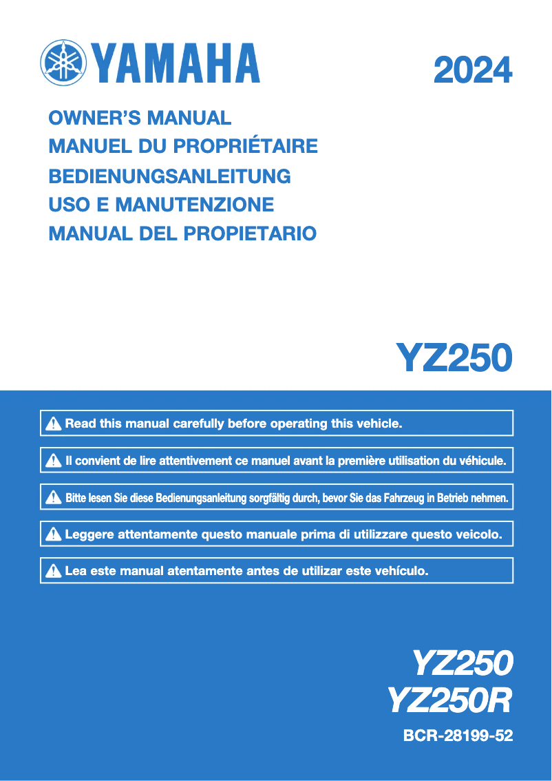 Image de la première page du manuel de l'appareil YZ250 (2024)