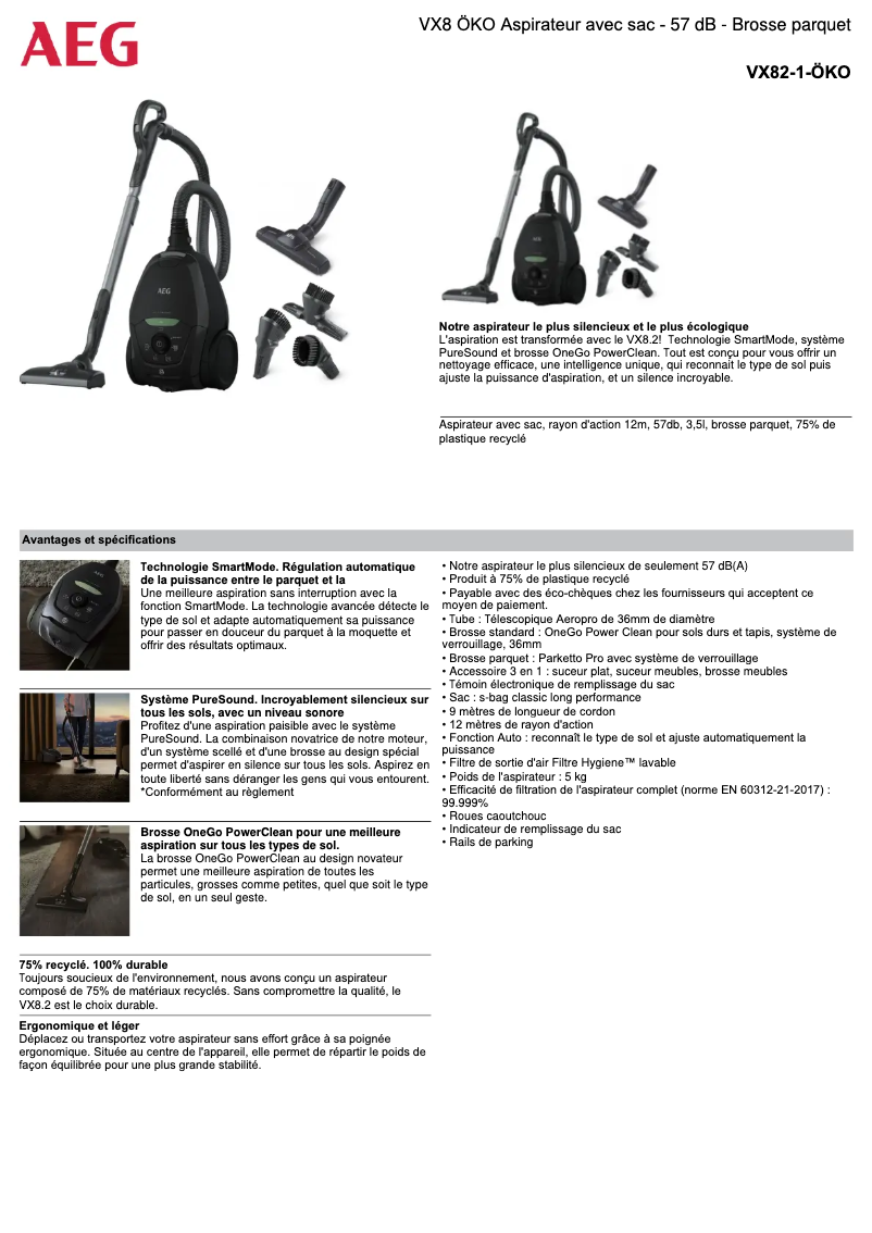 Page 1 de la notice Fiche technique AEG VX82-1-ÖKO