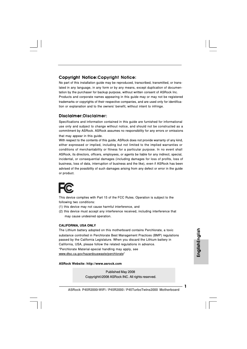 Página 1 del manual Manual de usuario Asrock P45R2000-WiFi