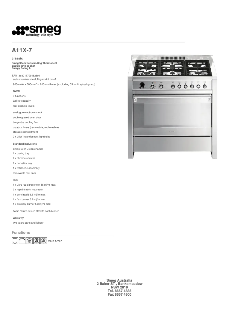 Page 1 de la notice Fiche technique Smeg A11X-7