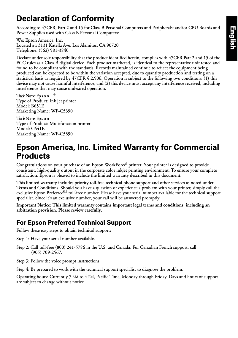 Page n°1 - Informations de garantie Epson WorkForce Pro WF-C5390