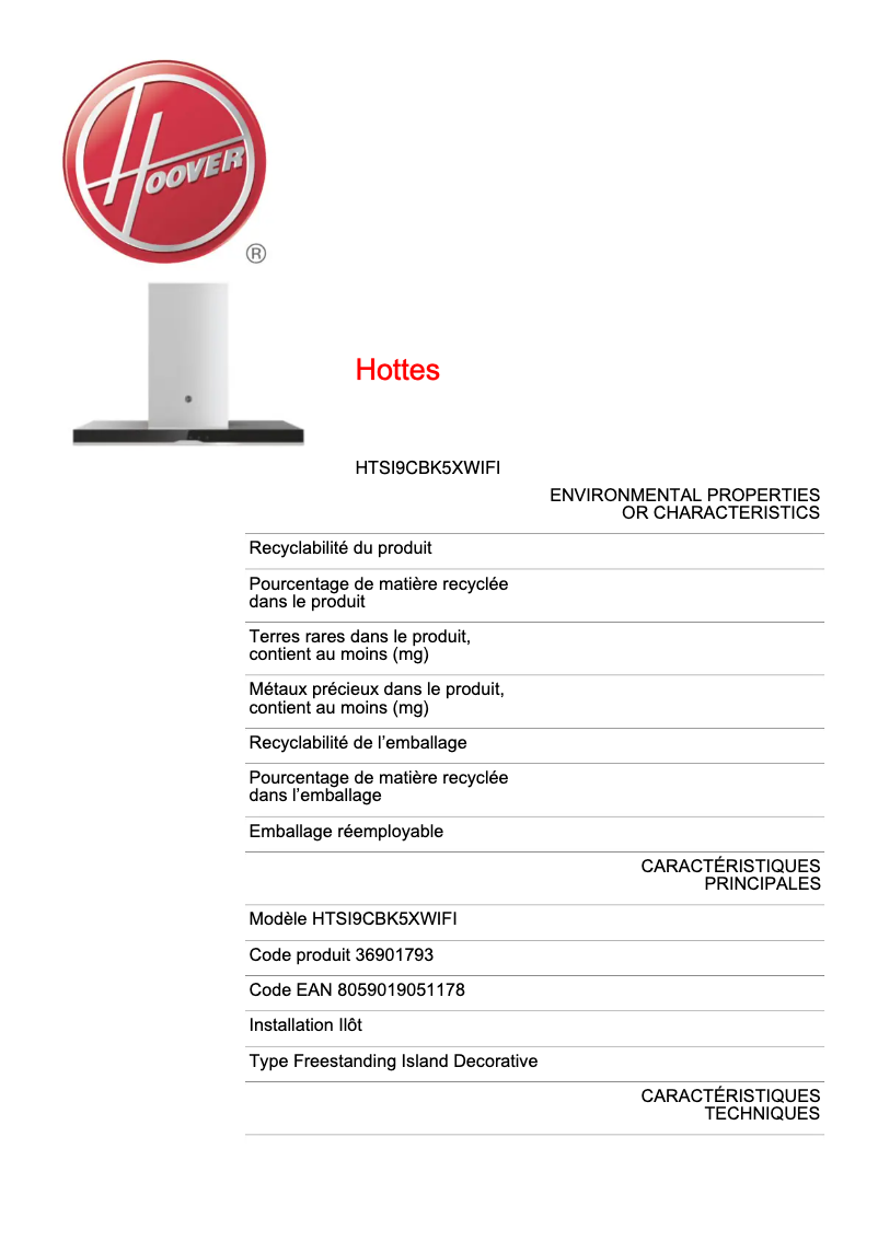 Page 1 of the manual Technical Sheet Hoover HTSI9CBK5XWIFI