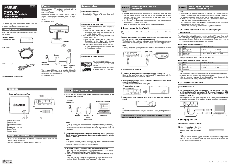 Page 1 of the manual User Manual Yamaha YWA-10