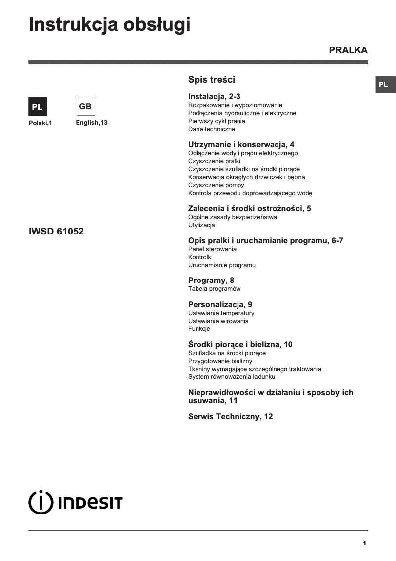 Page n°1 - Manuel utilisateur Indesit IWSD 61052 C ECO PL