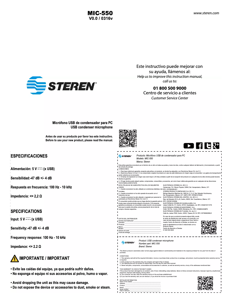 Page n°1 - Manuel utilisateur Steren MIC-550
