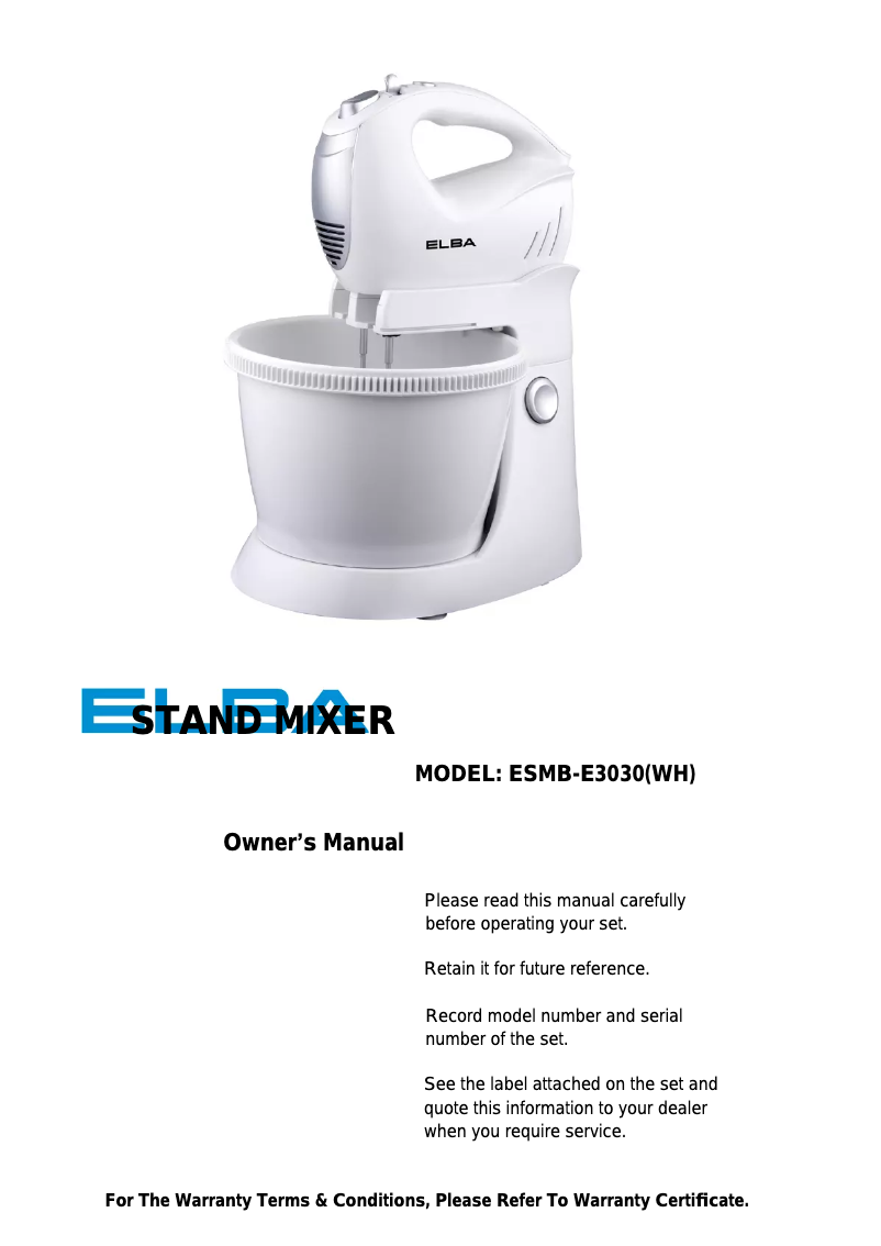 Page n°1 - Manuel utilisateur Elba ESMB-E3030(WH)