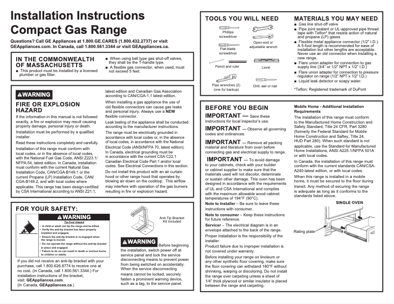 Page n°1 - Guide d'installation Hotpoint RGAS300DMWW