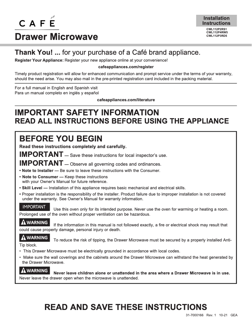 Page 1 de la notice Guide d'installation GE Café CWL112P2RS1
