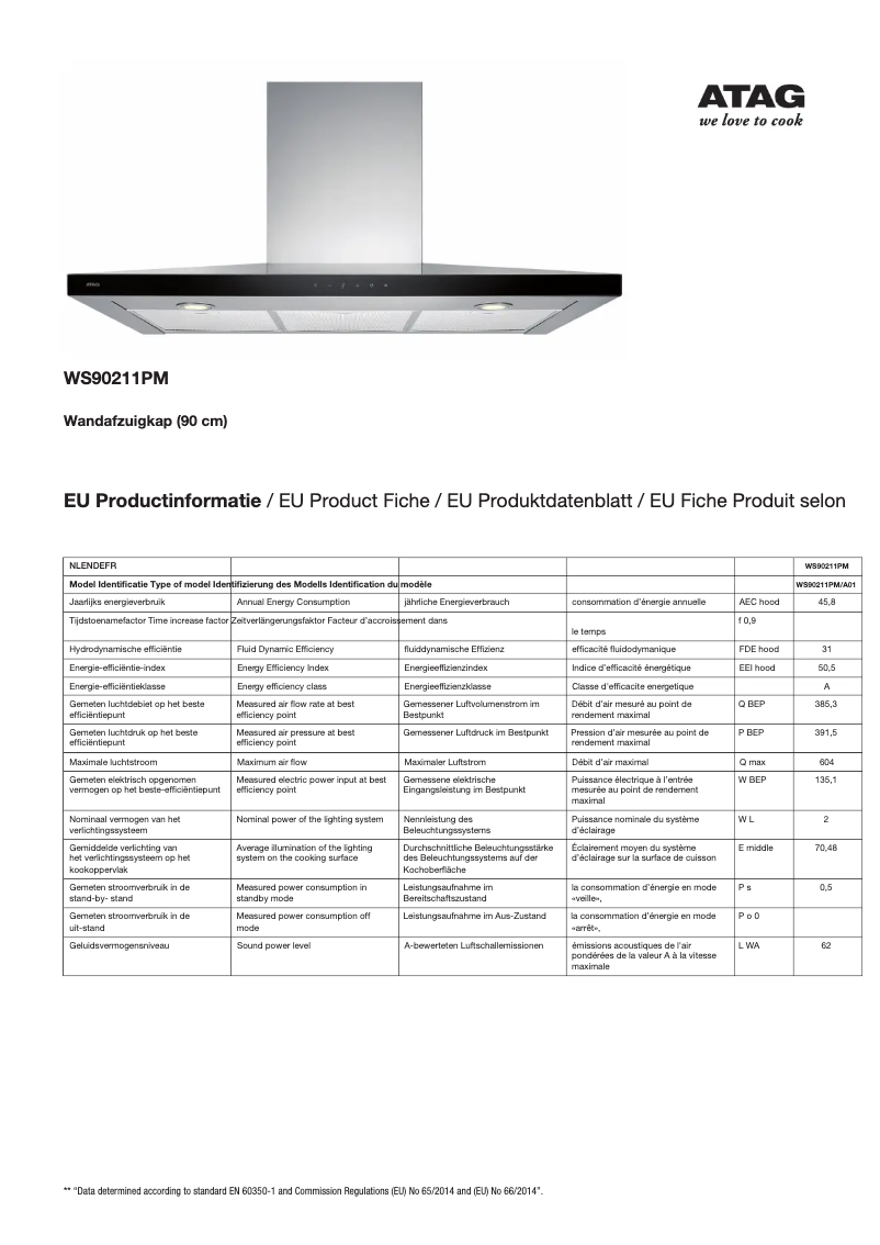 Page 1 de la notice Fiche technique Atag WS90211PM