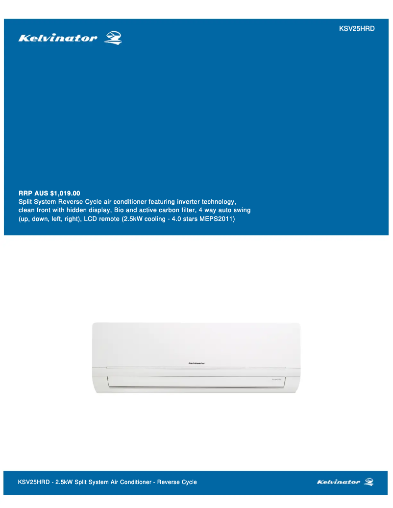 Page n°1 - Fiche technique Kelvinator KSV25HRD