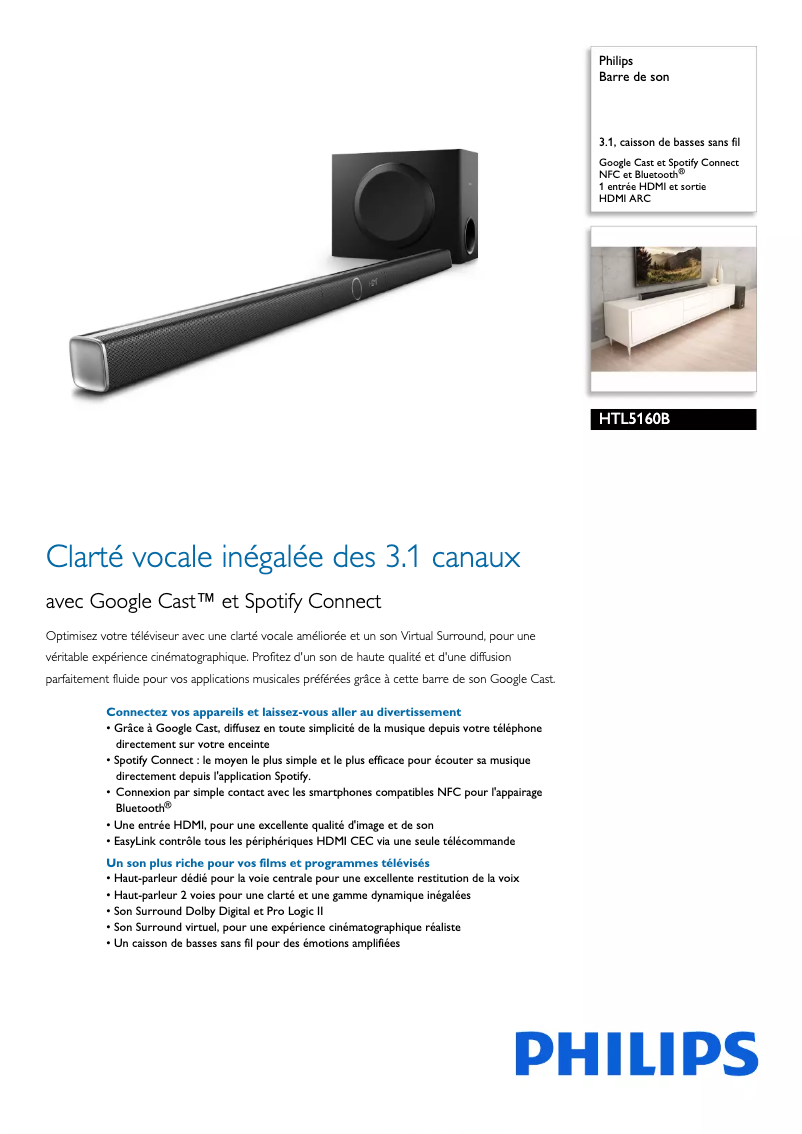Page 1 de la notice Fiche technique Philips HTL5160B