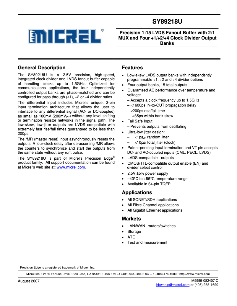 Page 1 de la notice Manuel utilisateur Microchip SY89218U