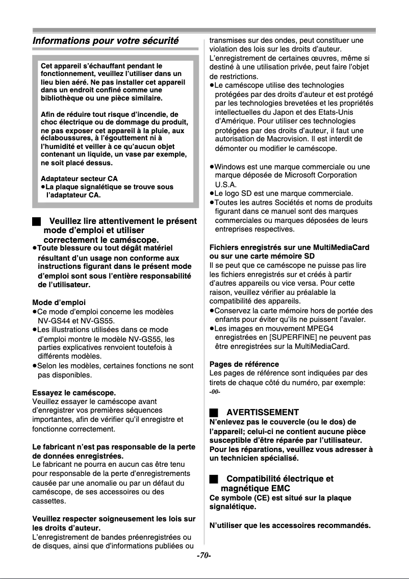 Page 1 de la notice Manuel utilisateur Panasonic NV-GS55